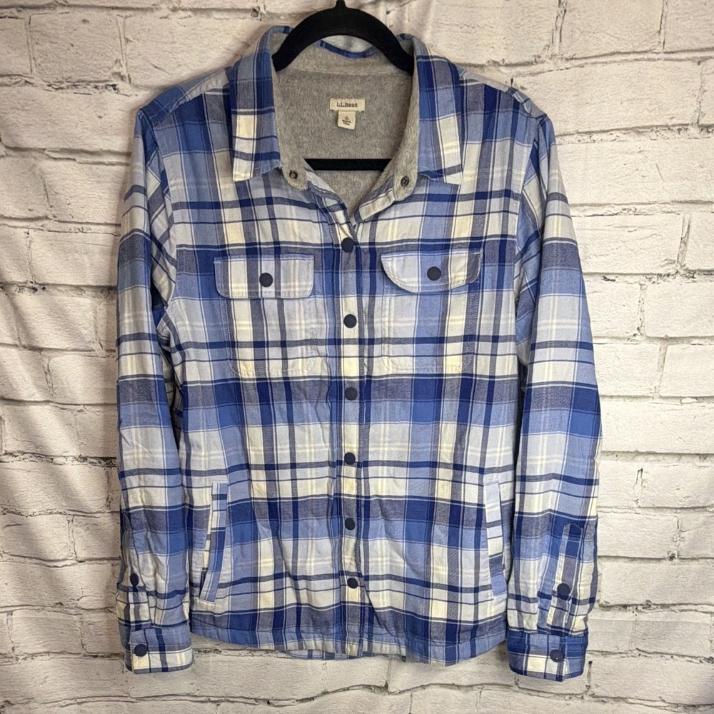 L.L. Bean Shirt Jacket Womens Small Blue Plaid Flannel Fleece Lined Snap Button